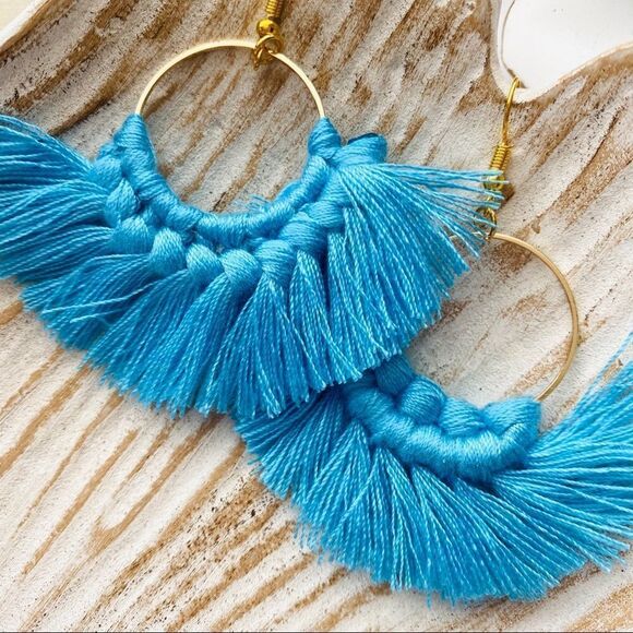 Boho Macrame Tassel Drop Hoop Earrings NWT - Picture 3 of 4